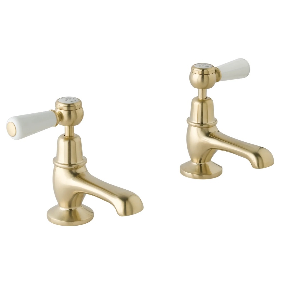 BC Designs Victrion Brushed Gold Lever Basin Pillar Taps Cut Out